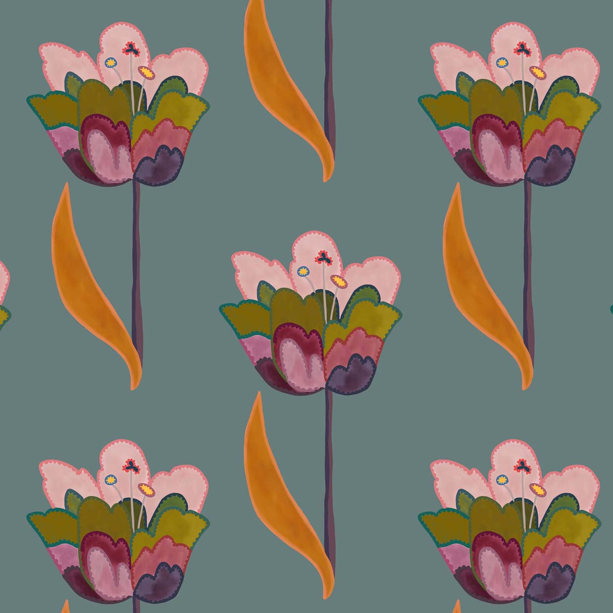 Tulips Wallpaper- Sea Blue