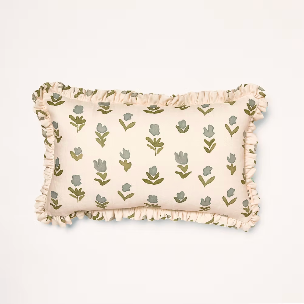 Frilled Cushion Medium: Little Wild Tulips - Misty green