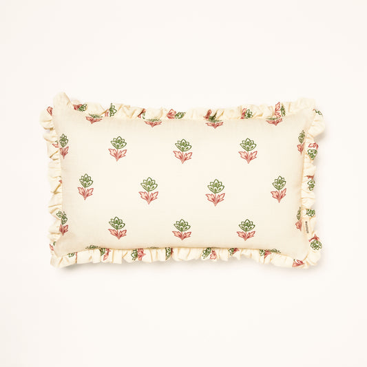Frilled Cushion Medium: Indian Tulips - Pink and Green