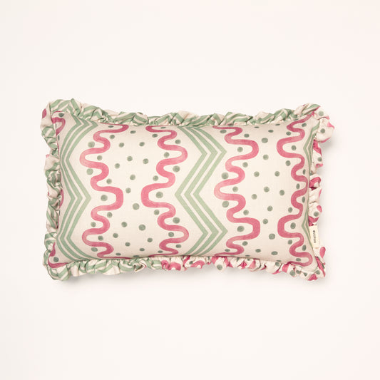 Frilled Cushion Medium: Madame Ziggle - Green and Pink