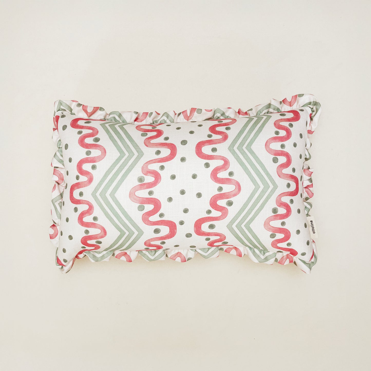 Frilled Cushion Medium: Madame Ziggle - Green and Pink