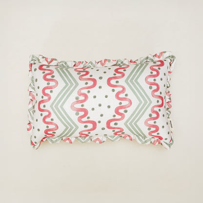 Frilled Cushion Medium: Madame Ziggle - Green and Pink