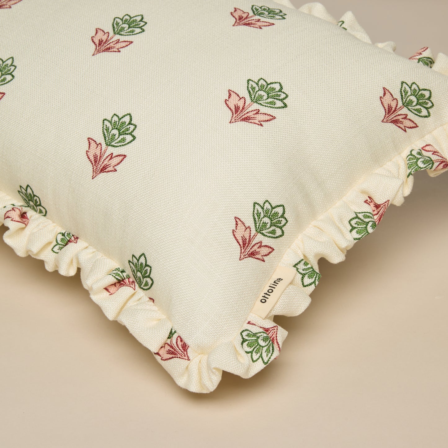 Frilled Cushion Medium: Indian Tulips - Pink and Green