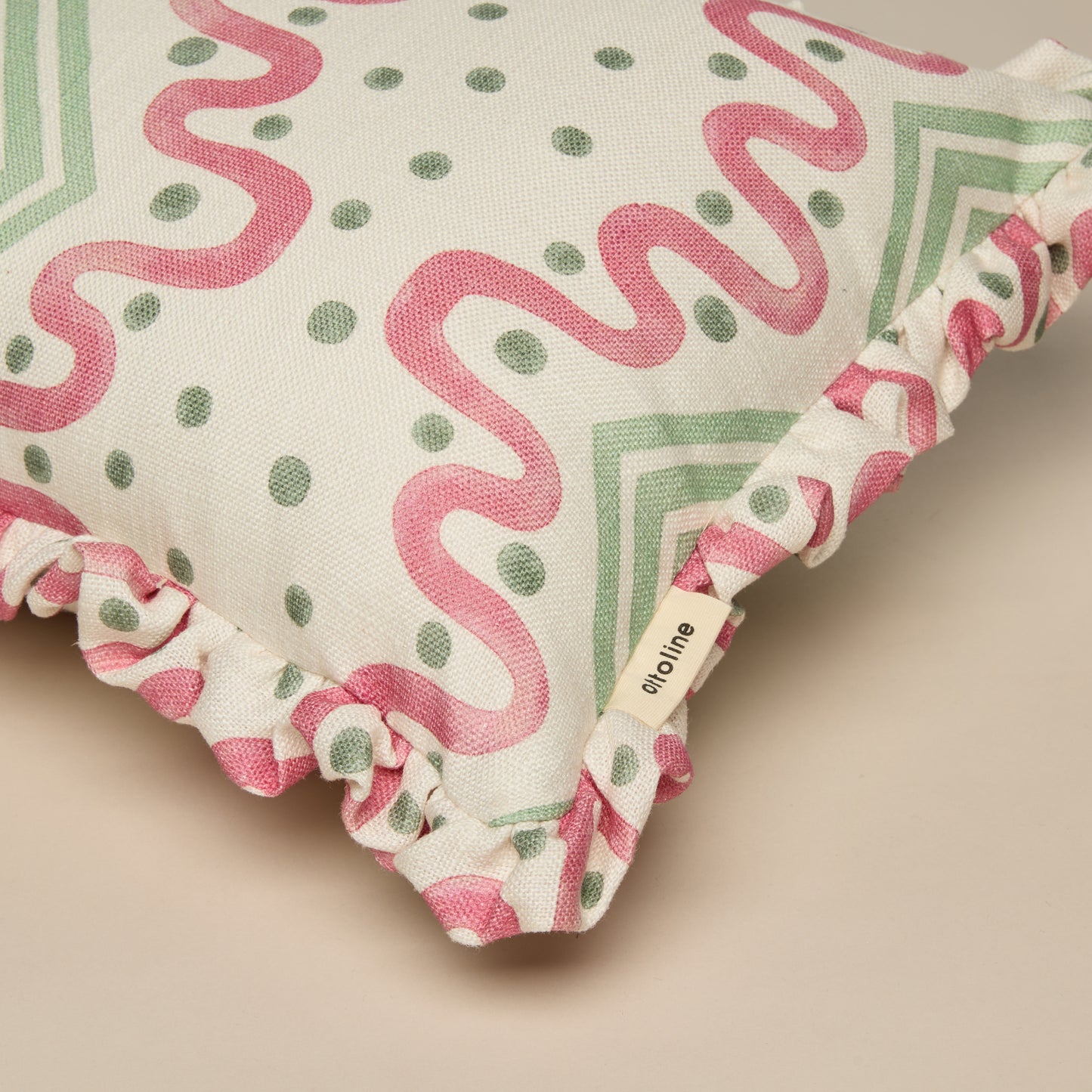 Frilled Cushion Medium: Madame Ziggle - Green and Pink