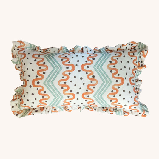 Frilled Cushion Large:  Madame Ziggle in Blue and Orange