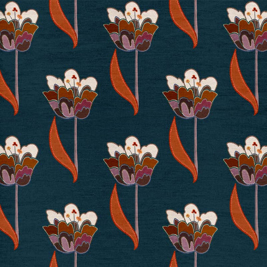 Tulips Fabric - Navy Blue