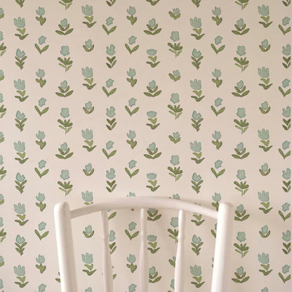 Little Wild Tulips Wallpaper - Misty Green