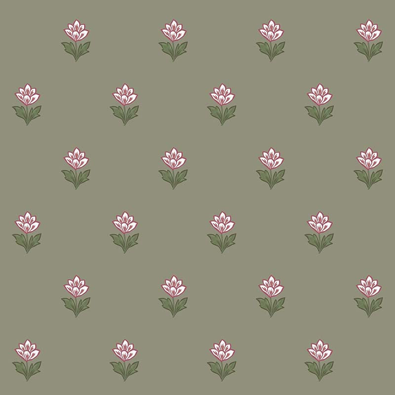 Indian Tulips Wallpaper - Green and Burgundy