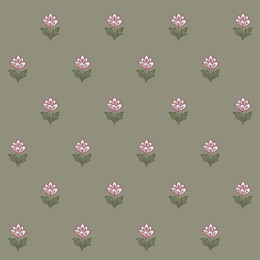 Indian Tulips Wallpaper - Green and Burgundy