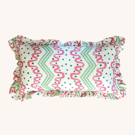 Frilled Cushion Large:  Madame Ziggle in Green and Pink