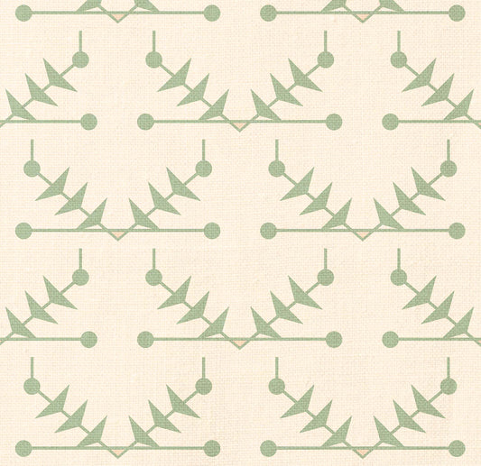 Broken Dishes is a small-scale print inspired by geometric ceramic tiles. The blend of hand-drawn dots and triangles,  creates a striking yet harmonious fabric.