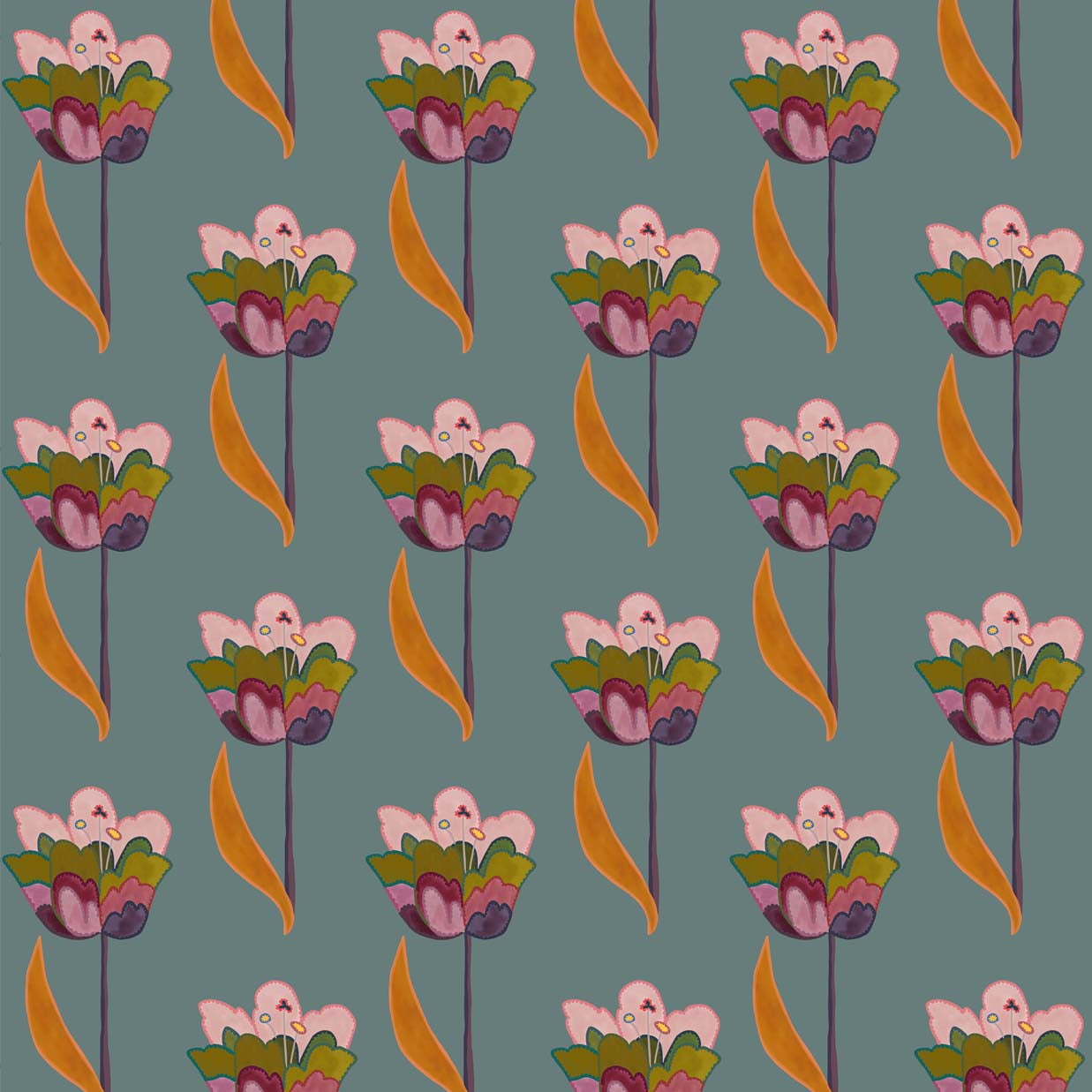 Tulips Wallpaper- Sea Blue